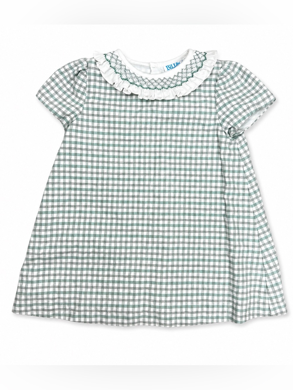 Luli & Me Girls Gingham Plaid Smocked Ruffle Dress Green Gray 9M Classic Luxury